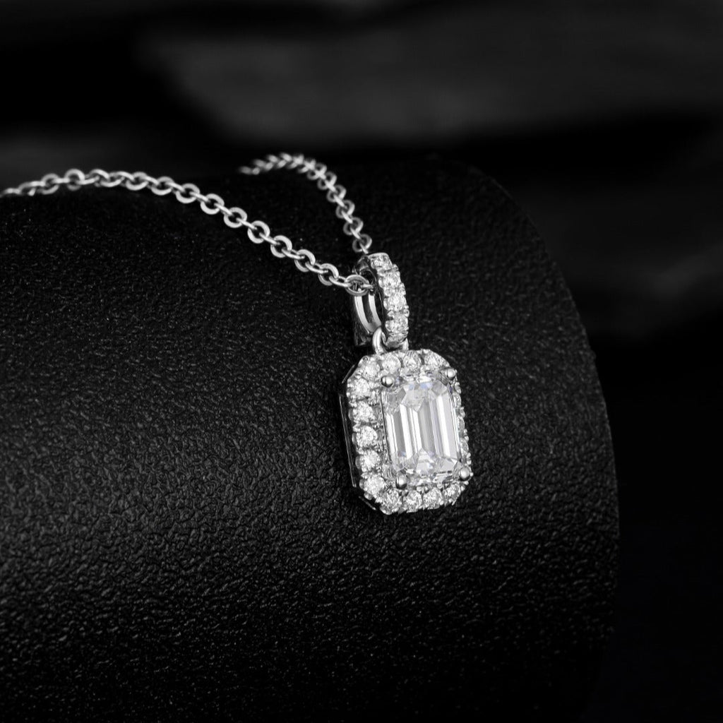1 ct Emerald Cut Halo Lab Grown Diamond Pendant Necklace in Platinum