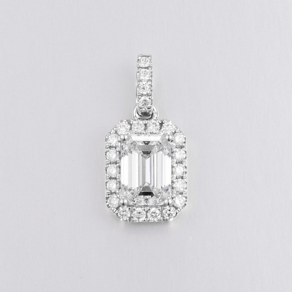 1 ct Emerald Cut Halo Lab Grown Diamond Pendant Necklace in Platinum