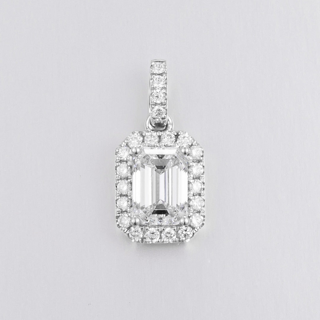 1 ct Emerald Cut Halo Lab Grown Diamond Pendant Necklace in Platinum