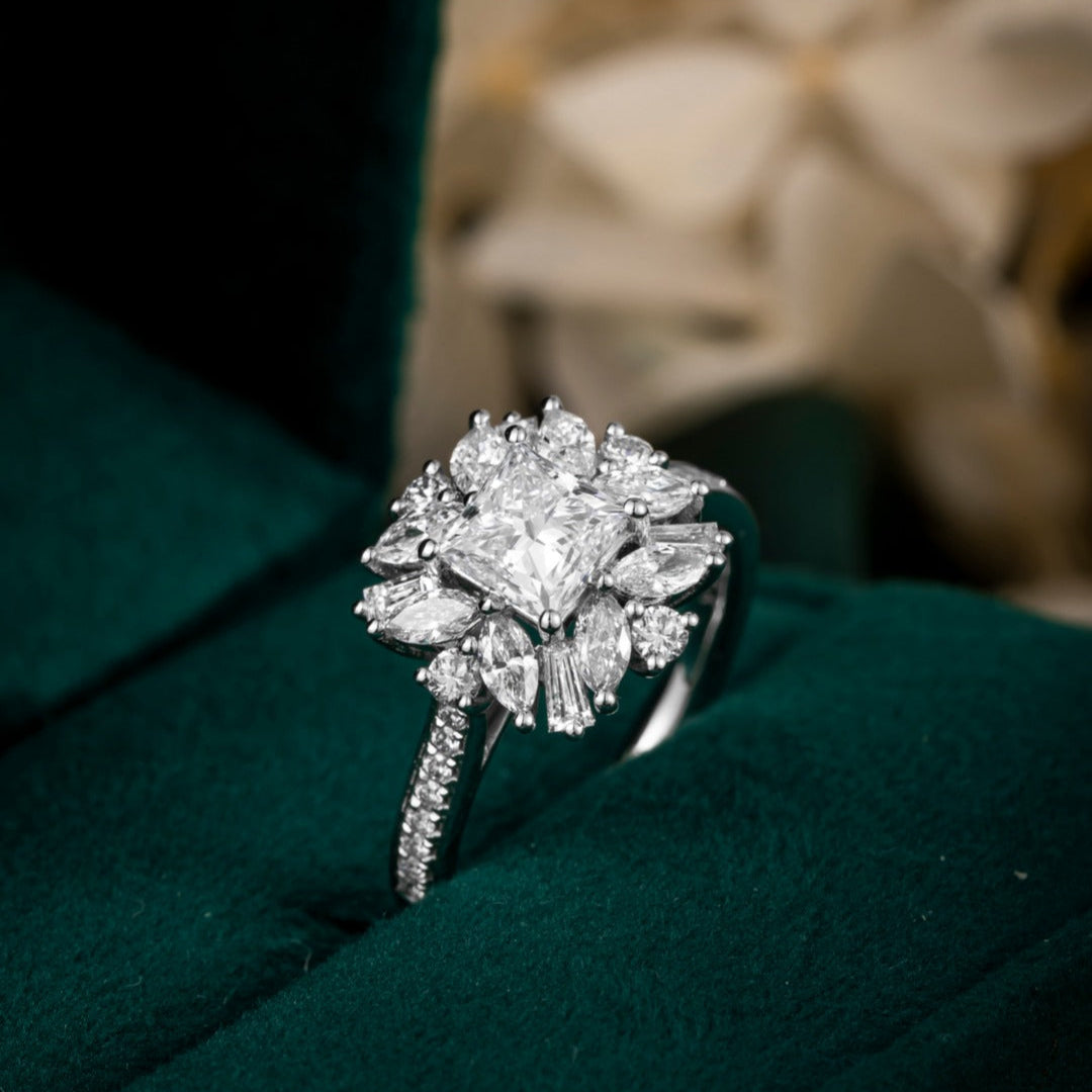 1 ct Vintage Princess cut cluster Lab Grown Diamond Engagement Ring in 14k White Gold