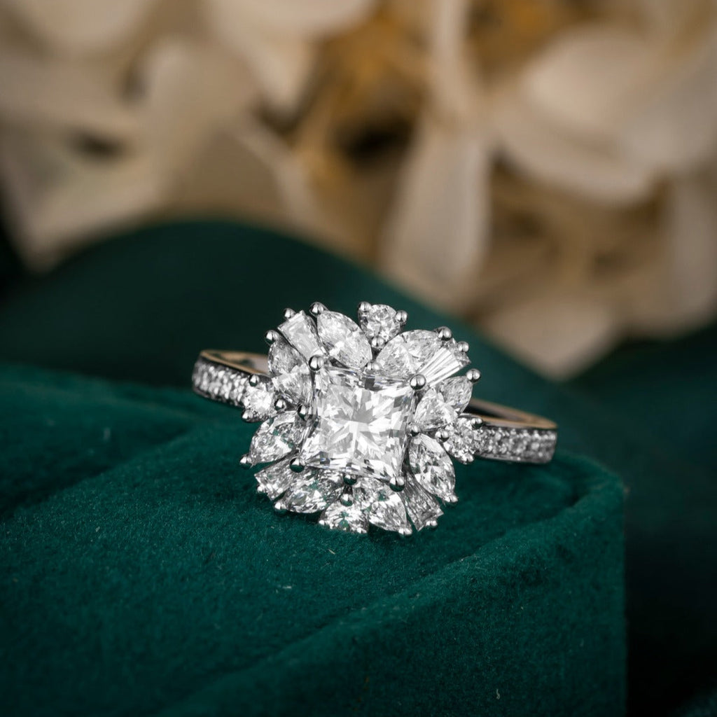 1 ct Vintage Princess cut cluster Lab Grown Diamond Engagement Ring in 14k White Gold