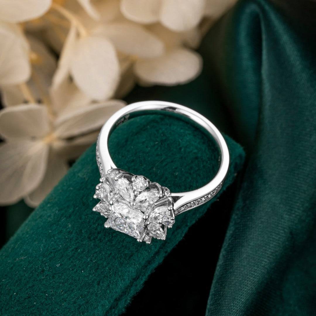 1 ct Vintage Princess cut cluster Lab Grown Diamond Engagement Ring in 14k White Gold