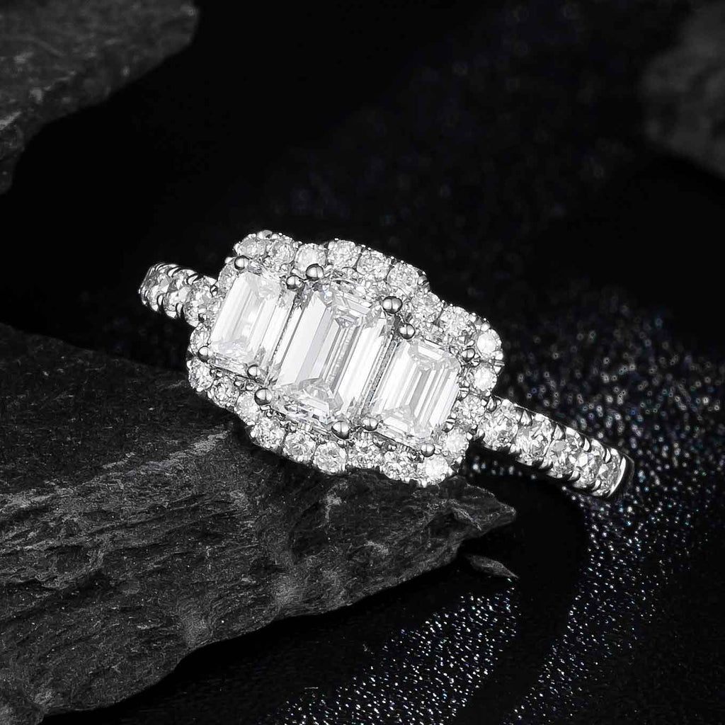 1ct Three stone Emerald cut Halo Lab Grown Diamond Engagement Ring in 14k White Gold