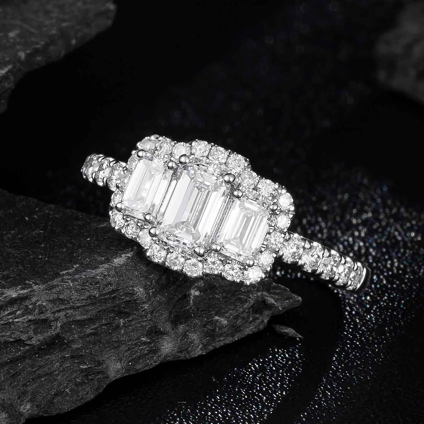 1ct Three stone Emerald cut Halo Lab Grown Diamond Engagement Ring in 14k White Gold