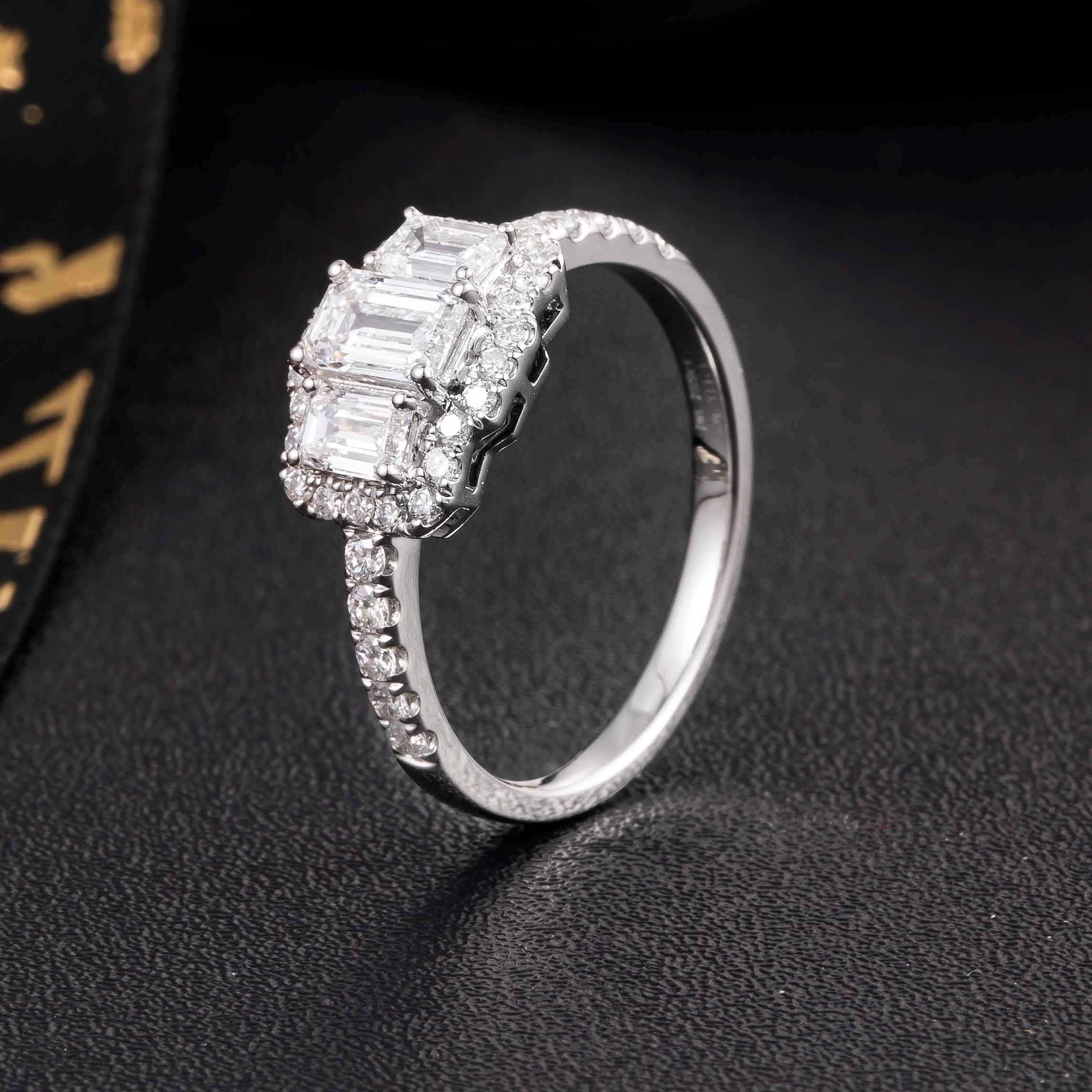 1ct Three stone Emerald cut Halo Lab Grown Diamond Engagement Ring in 14k White Gold