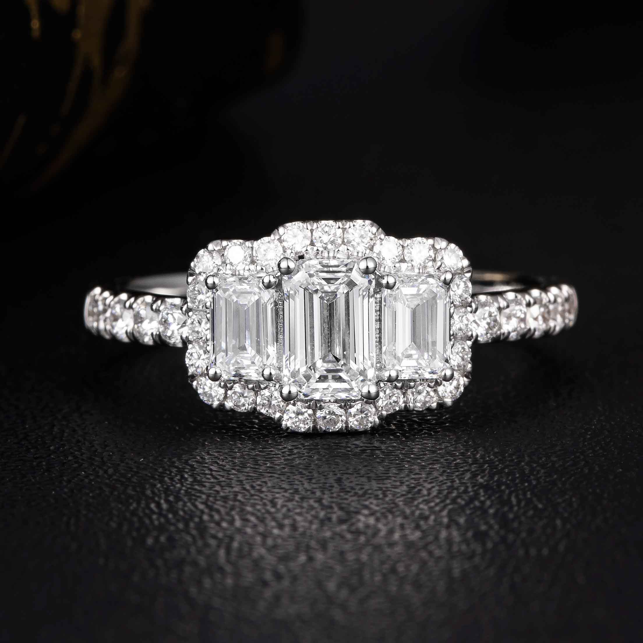 1ct Three stone Emerald cut Halo Lab Grown Diamond Engagement Ring in 14k White Gold