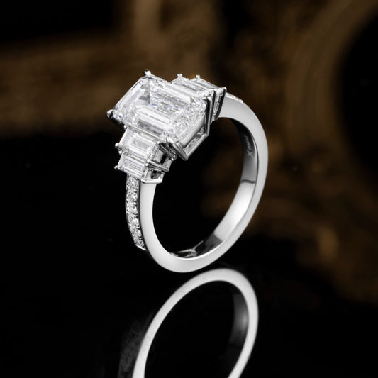 3ct 5 stones Emerald cut Pave Lab Grown Diamond Engagement Ring in Platinum