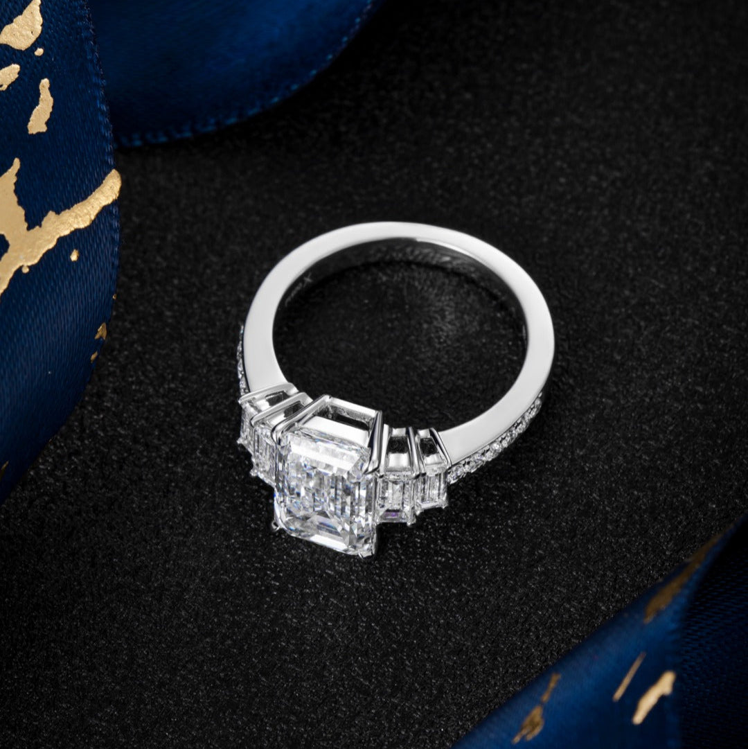 3ct 5 stones Emerald cut Pave Lab Grown Diamond Engagement Ring in Platinum