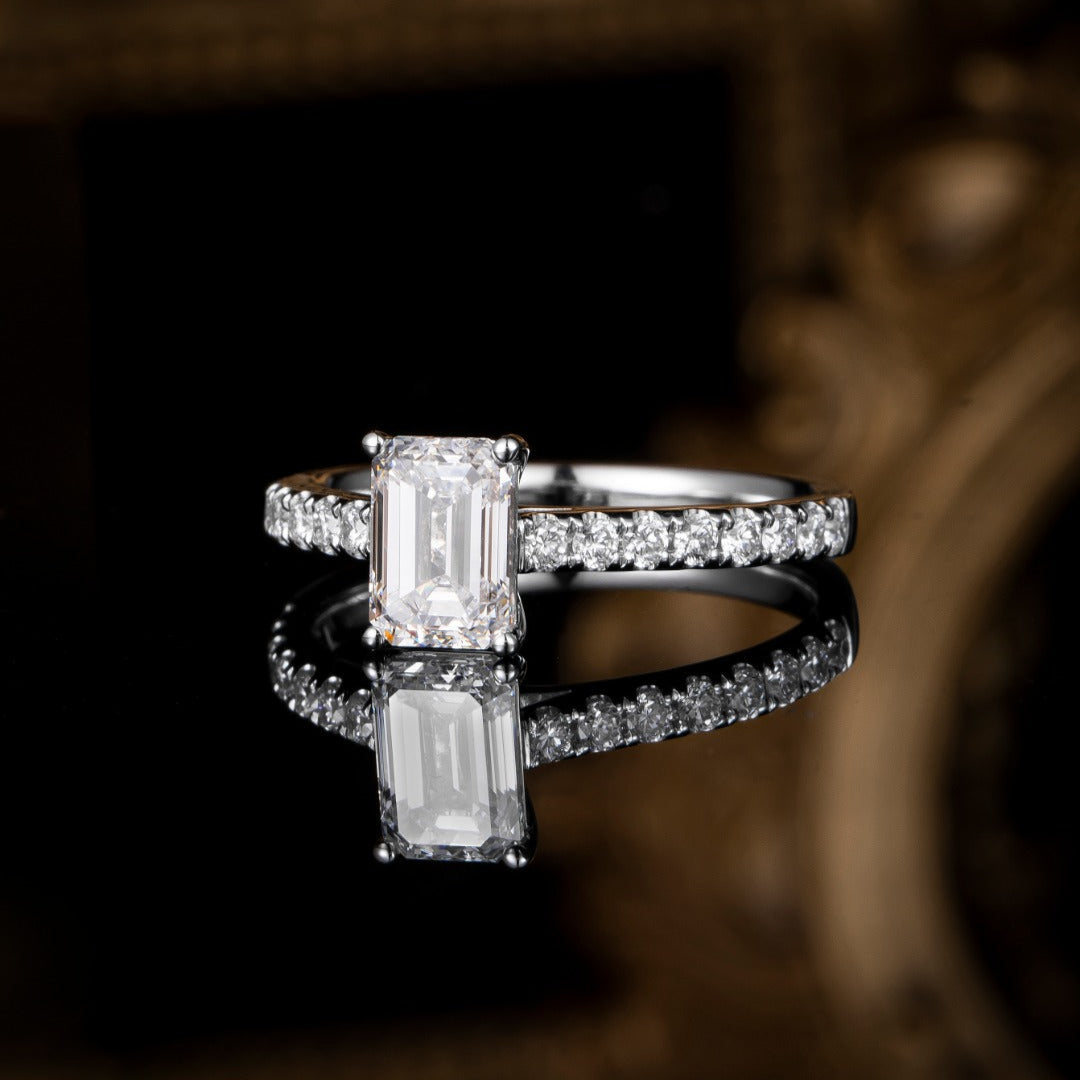 1 ct Emerald Cut Pave Lab Grown Diamond Engagement Ring in 14k White Gold