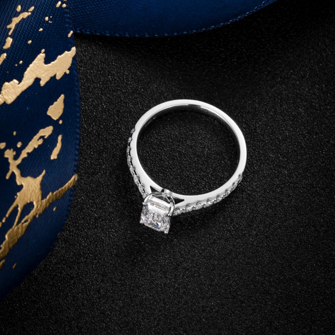 1 ct Emerald Cut Pave Lab Grown Diamond Engagement Ring in 14k White Gold