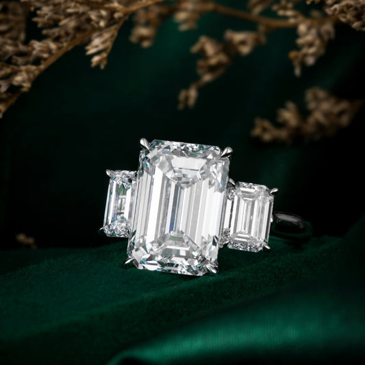 7ct Three Stone Emerald Lab Grown Diamond Engagement Ring in Platinum