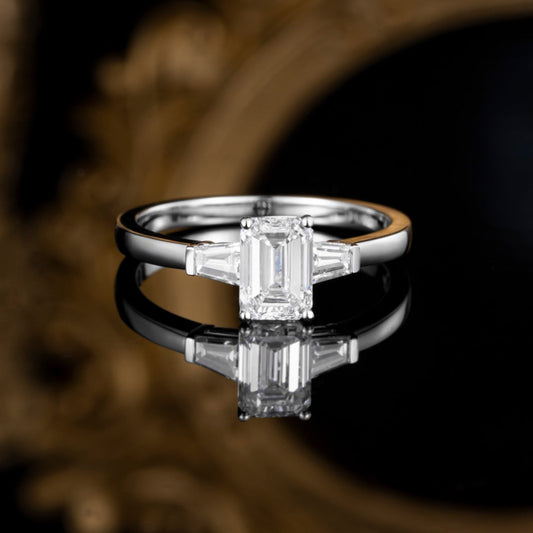 1 ct Three Stone Emerald &Tapered Baguette Lab Grown Diamond Engagement Ring in Platinum