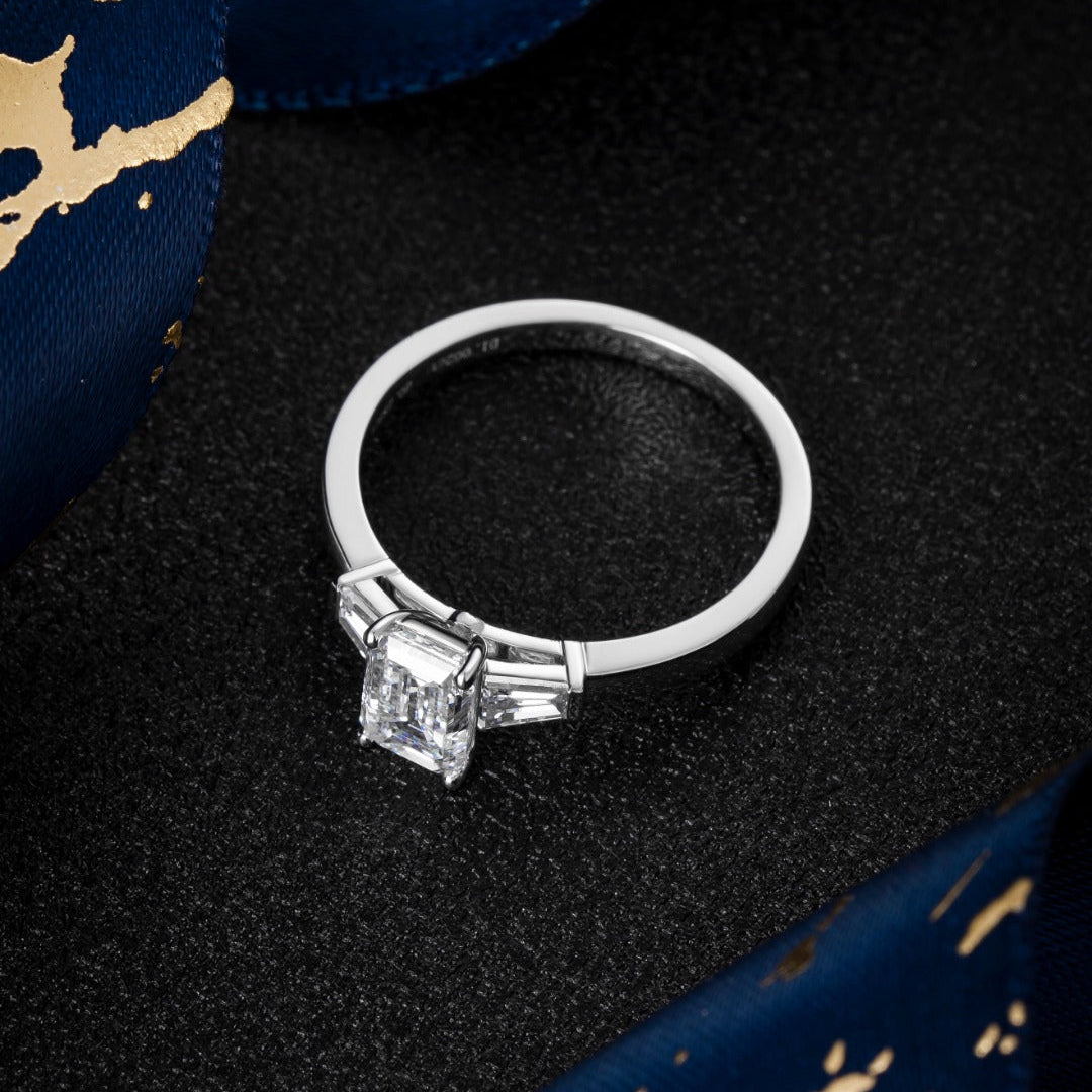 1 ct Three Stone Emerald &Tapered Baguette Lab Grown Diamond Engagement Ring in Platinum