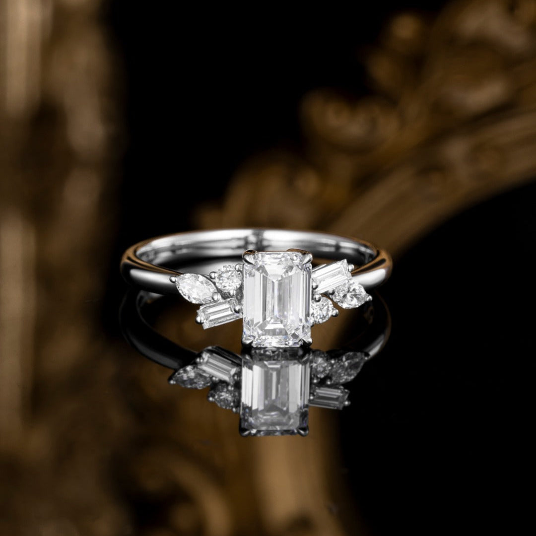 1 ct Nature-Inspired Emerald cluster Lab Grown Diamond Engagement Ring in 14k White Gold