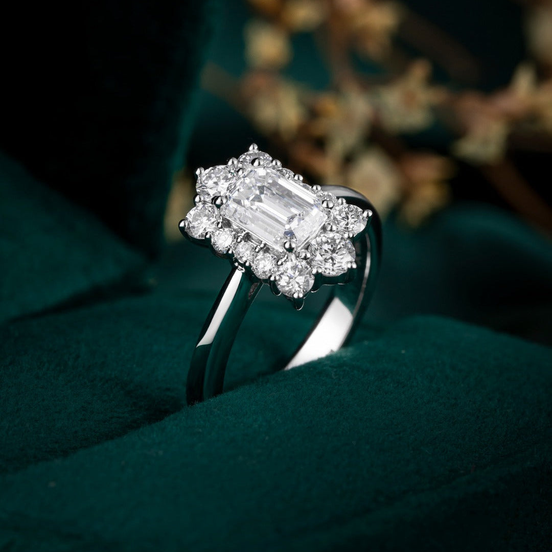 1ct Vintage Emerald Halo Lab Grown Diamond Engagement Ring in 14K White Gold