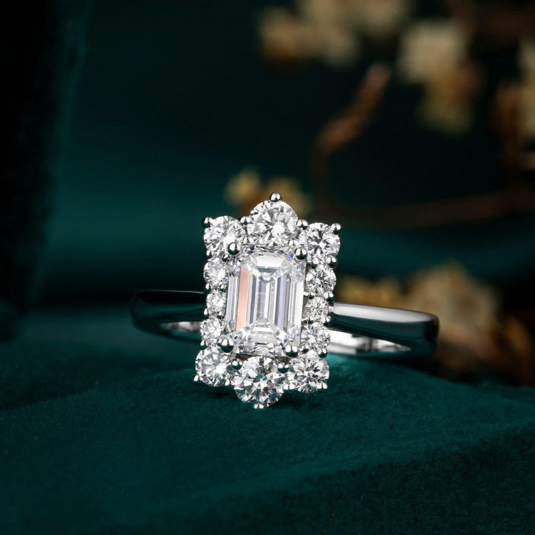 1ct Vintage Emerald Halo Lab Grown Diamond Engagement Ring in 14K White Gold
