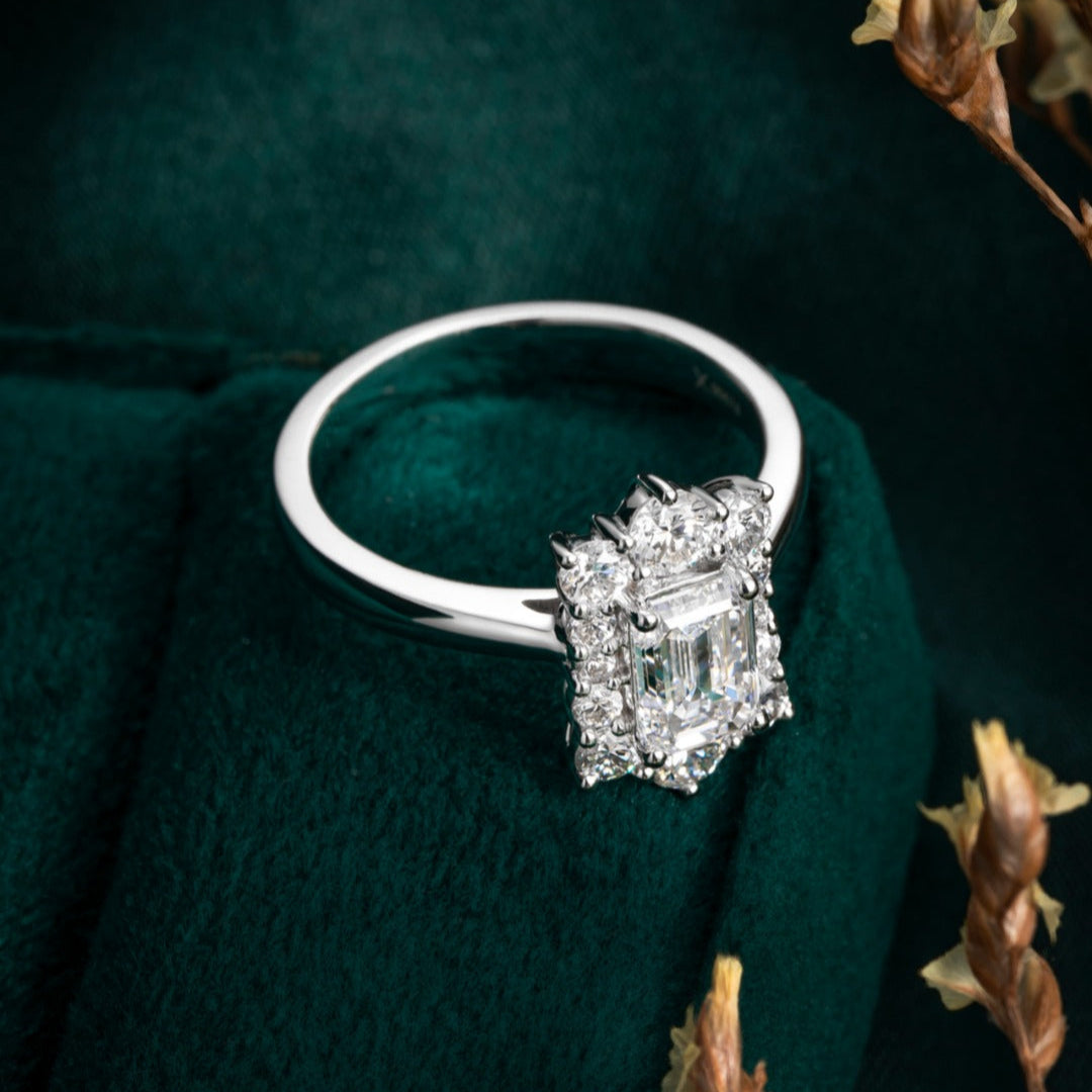 1ct Vintage Emerald Halo Lab Grown Diamond Engagement Ring in 14K White Gold