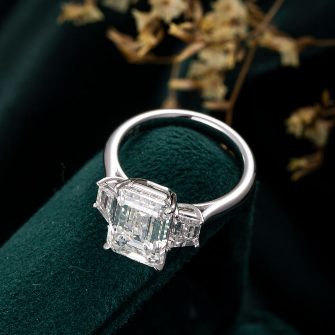 5ct Three Stone Emerald Trapezoid Sidestone Engagement Ring in Platinum