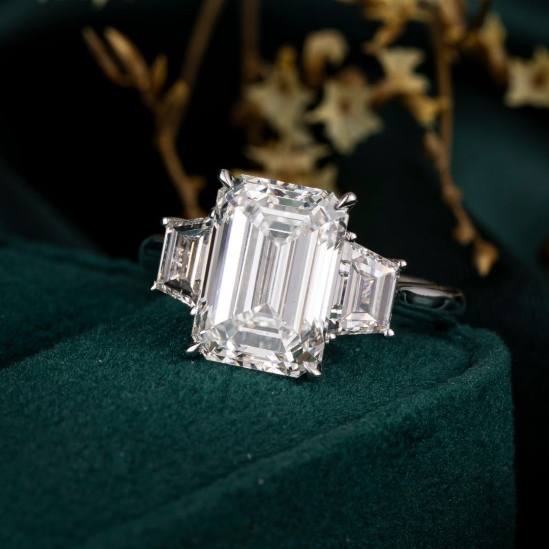 5ct Three Stone Emerald Trapezoid Sidestone Engagement Ring in Platinum