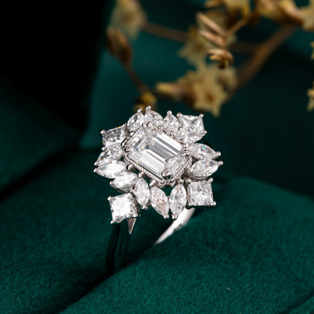 1 ct Emerald Fancy Halo Lab Grown Diamond Engagement Ring in Platinum