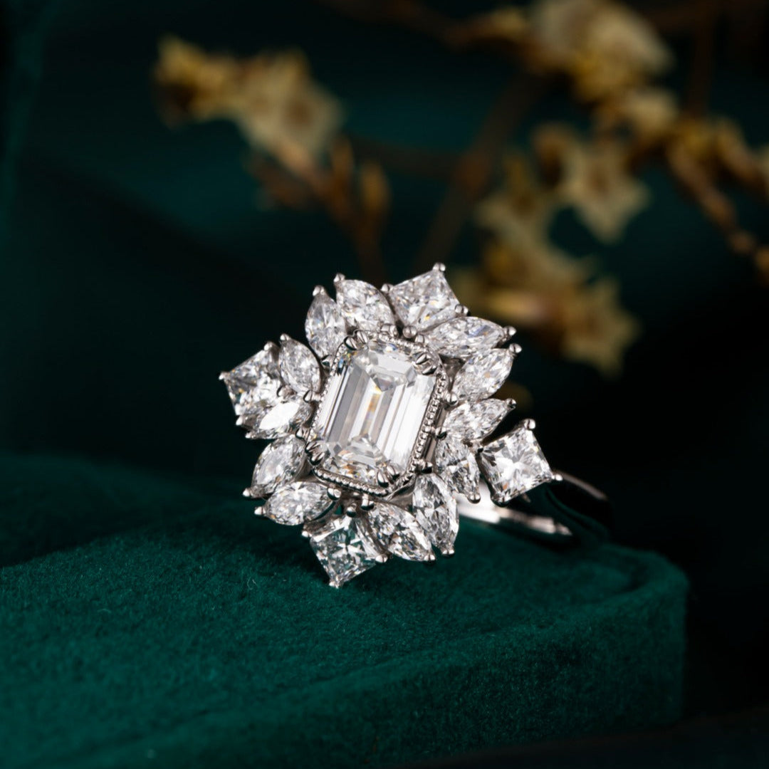 1 ct Emerald Fancy Halo Lab Grown Diamond Engagement Ring in Platinum