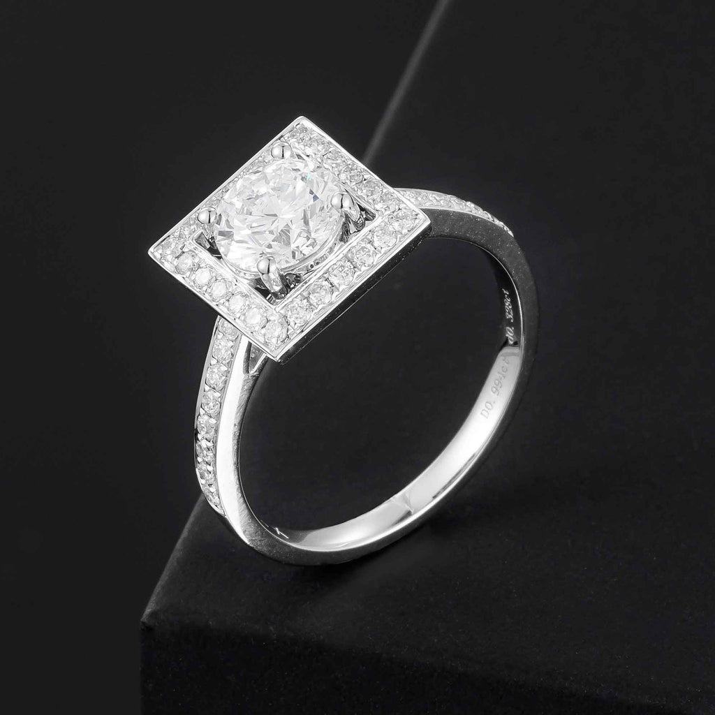 1 ct Round Lab Grown Diamond with Square Halo Ring in 14k White Gold