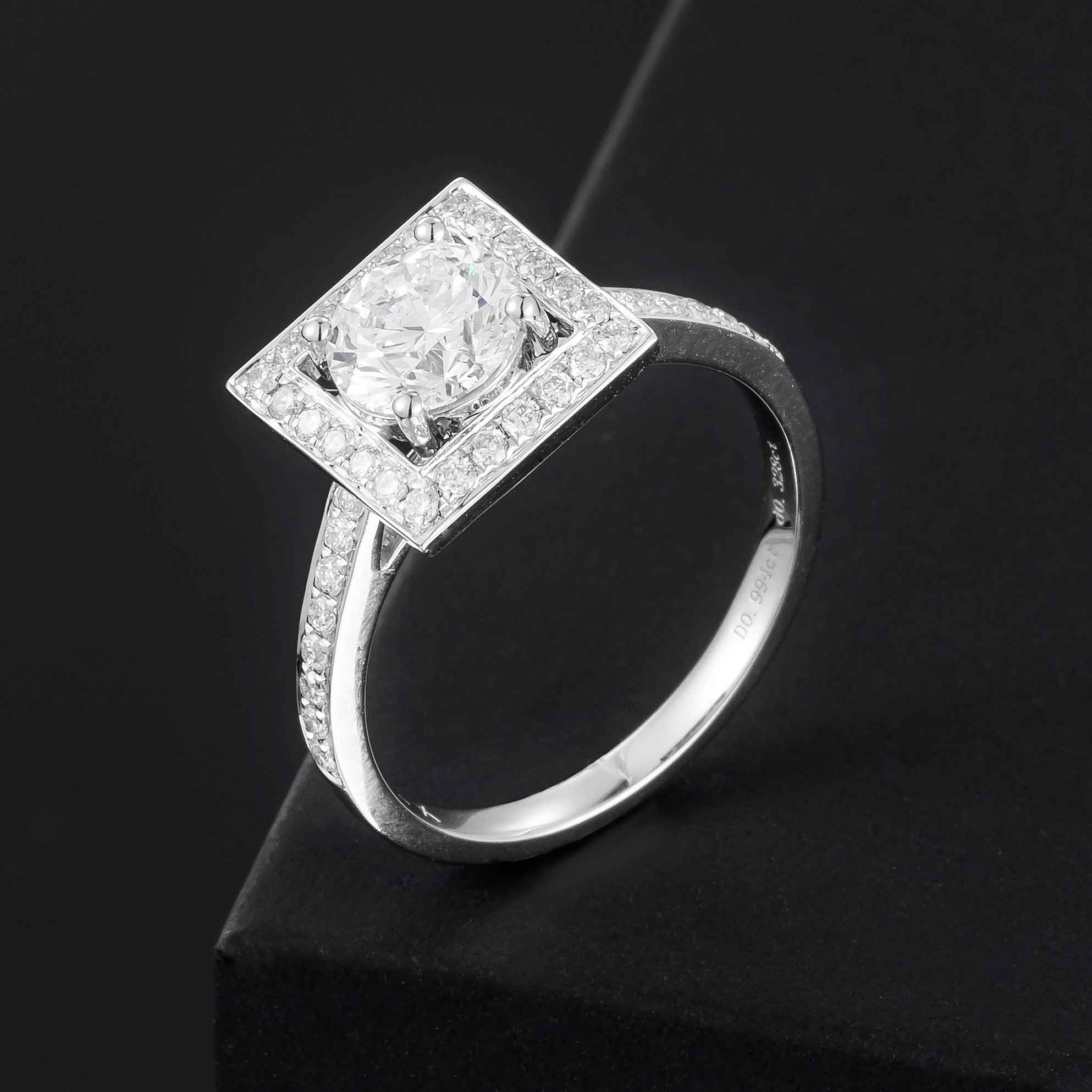 1 ct Round Lab Grown Diamond with Square Halo Ring in 14k White Gold