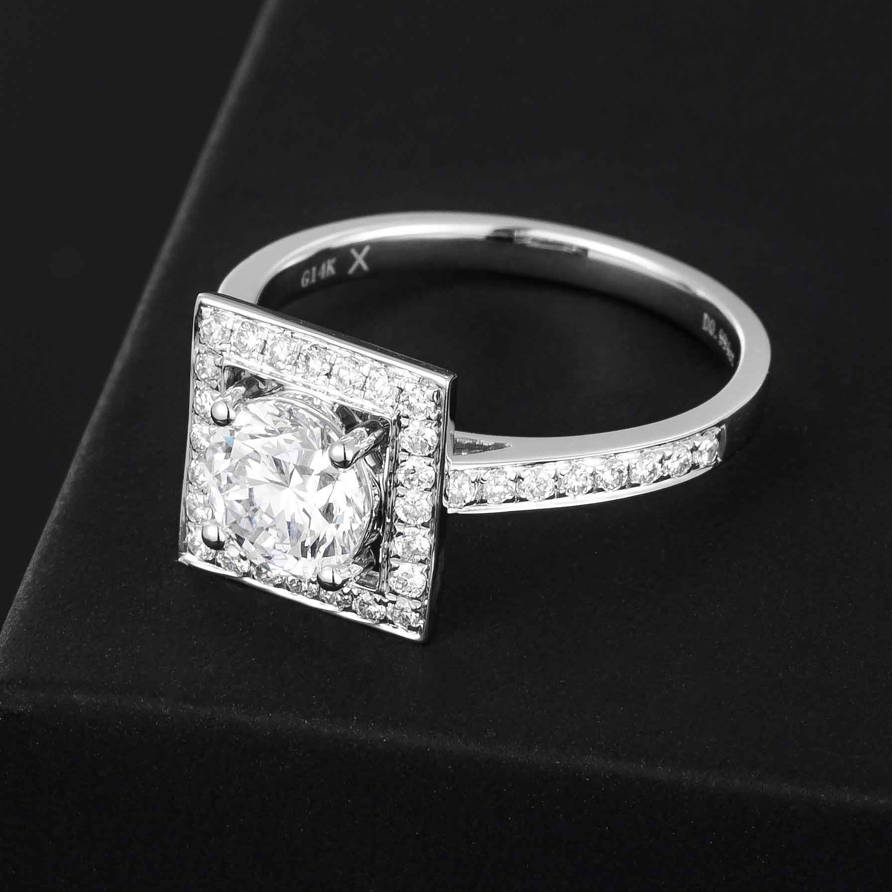 1 ct Round Lab Grown Diamond with Square Halo Ring in 14k White Gold
