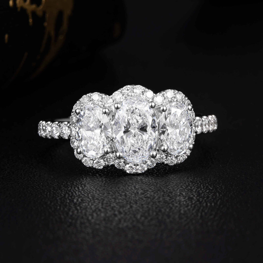 1ct Oval Diamond Three-Stone Halo Diamond Engagement Ring in Platinum