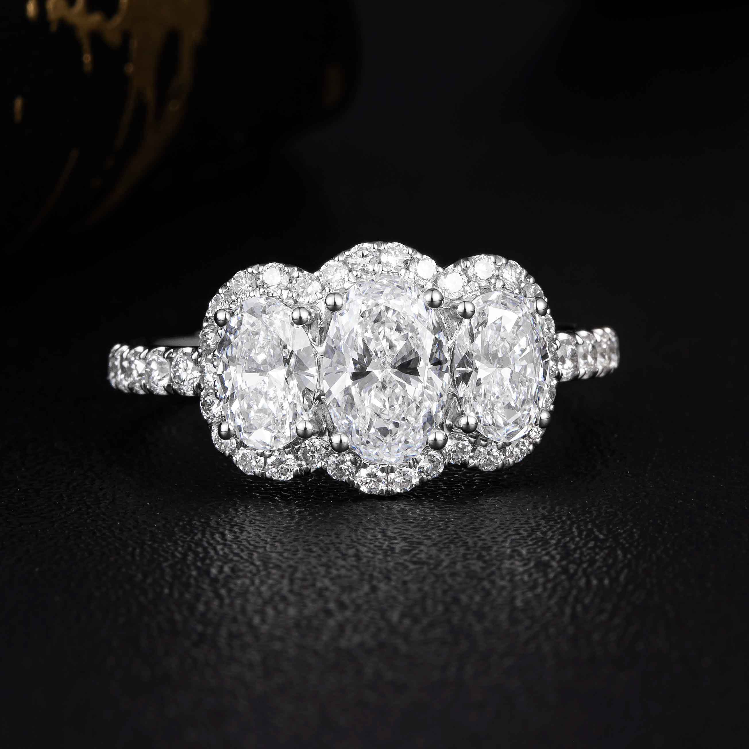 1ct Oval Diamond Three-Stone Halo Diamond Engagement Ring in Platinum
