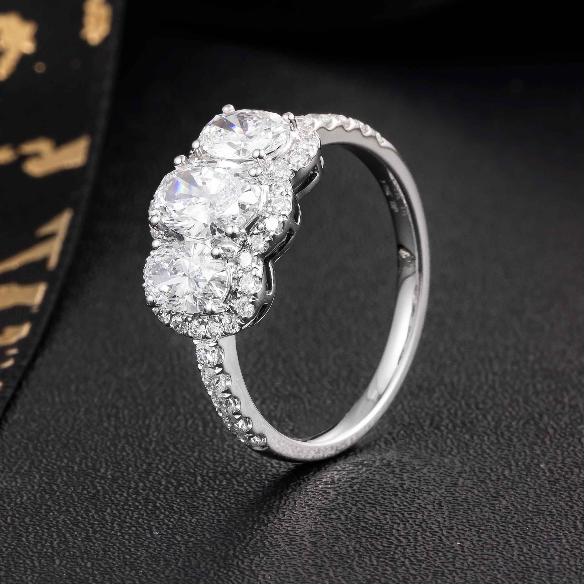 1ct Oval Diamond Three-Stone Halo Diamond Engagement Ring in Platinum