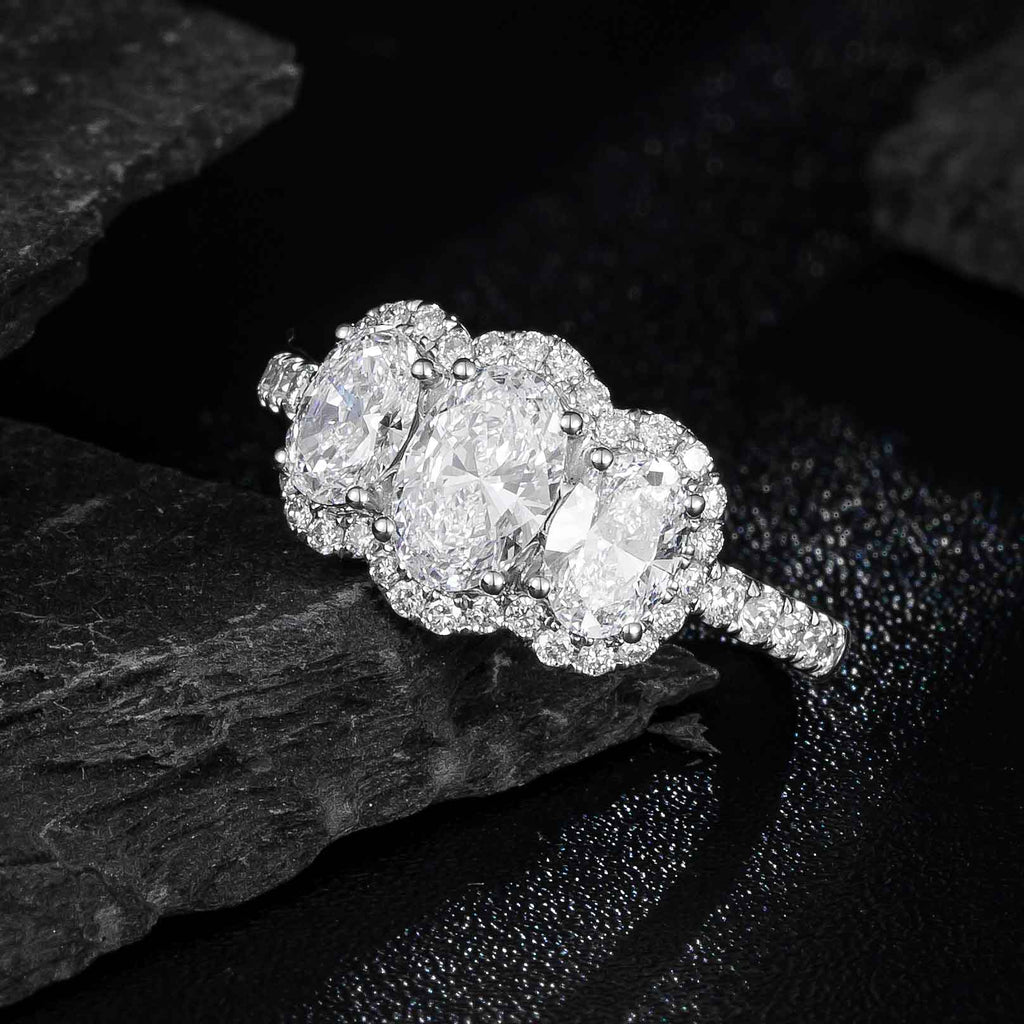 1ct Oval Diamond Three-Stone Halo Diamond Engagement Ring in Platinum