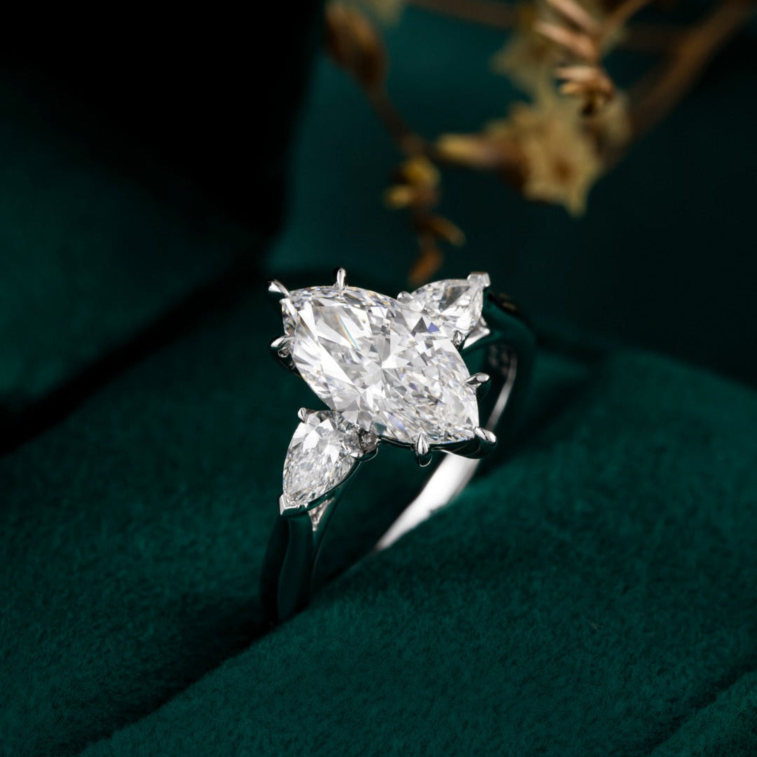2 ct Three Stone Marquise &pear Lab Grown Diamond Ring in Platinum