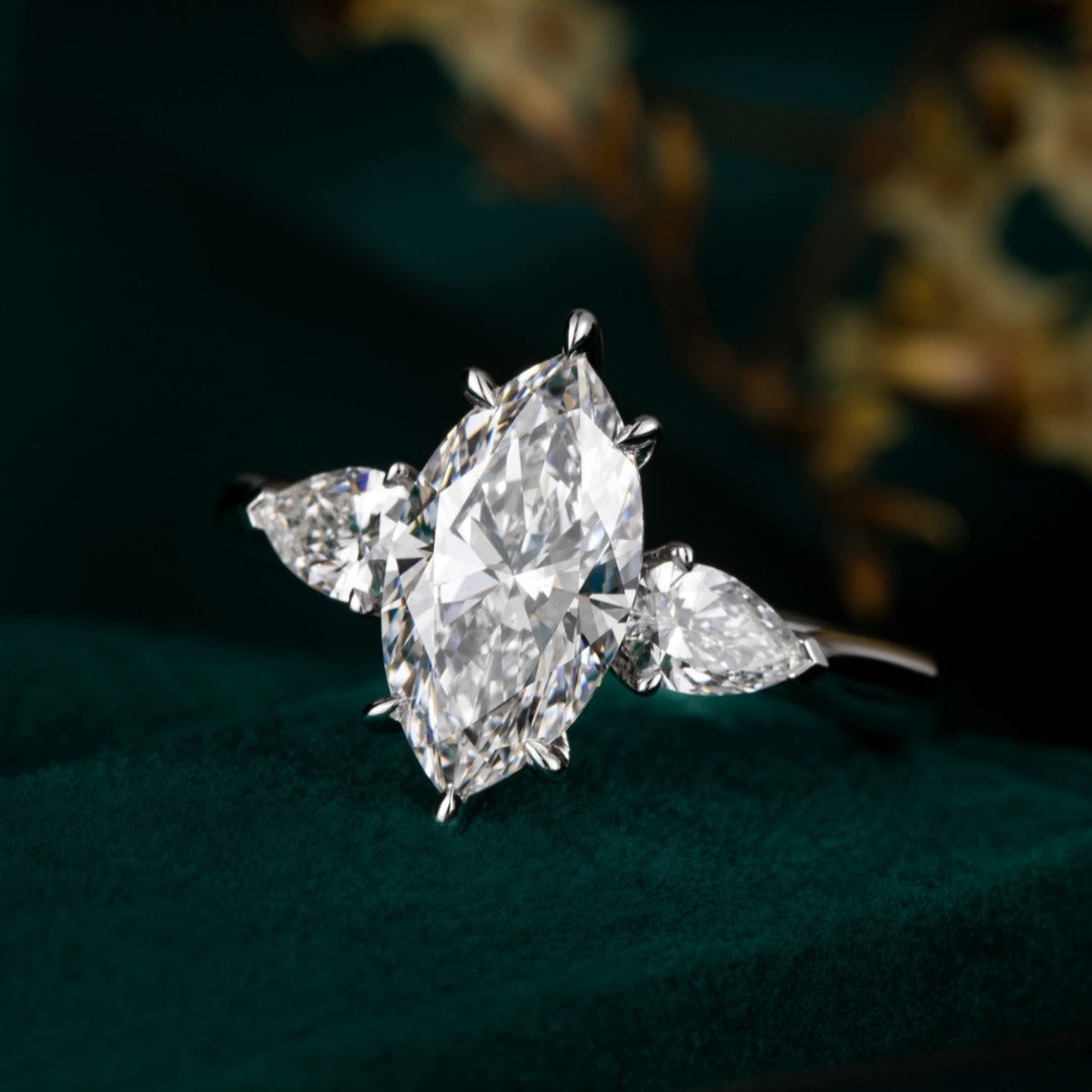 2 ct Three Stone Marquise &pear Lab Grown Diamond Ring in Platinum