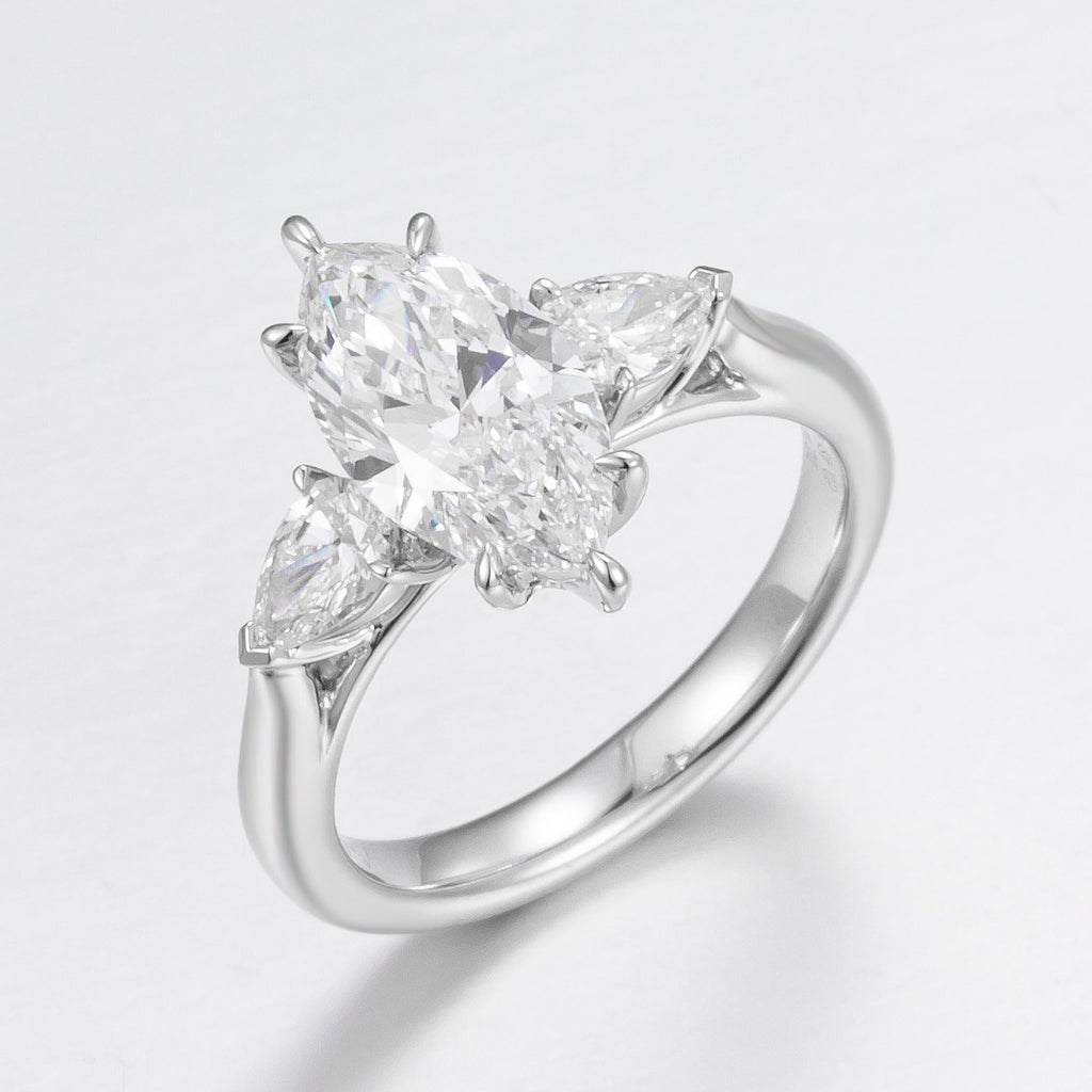 2 ct Three Stone Marquise &pear Lab Grown Diamond Ring in 14K White Gold