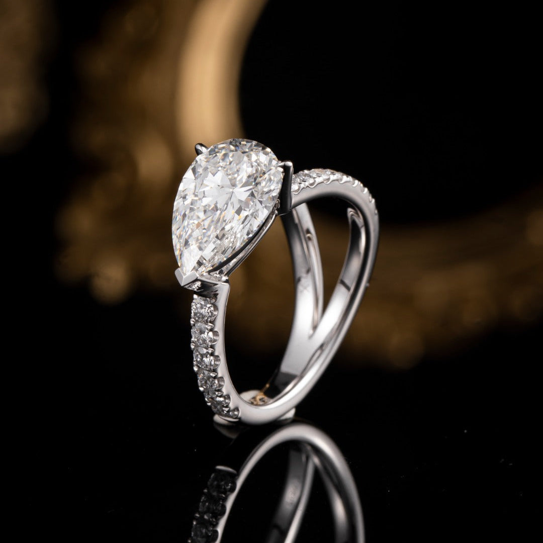 3ct Horizontal Pear Pave Lab Grown Diamond Split Band Engagement Ring in Platinum