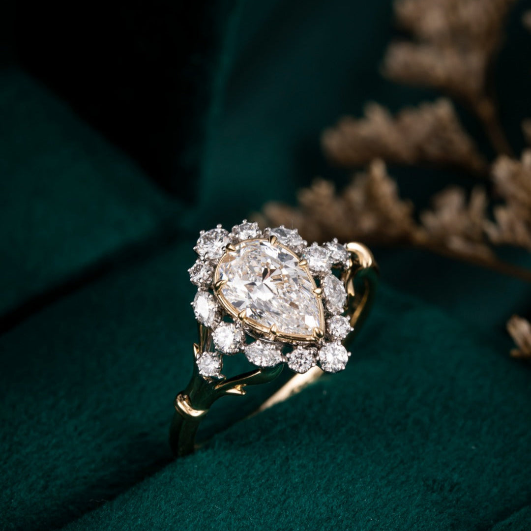1 ct Vintage Pear Halo Lab Grown Diamond Ring in 14k White Gold