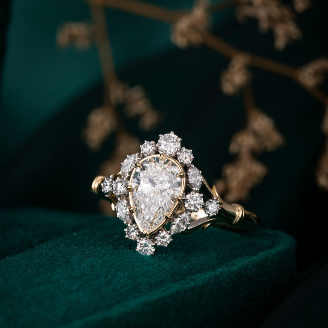 1 ct Vintage Pear Halo Lab Grown Diamond Ring in 14k White Gold