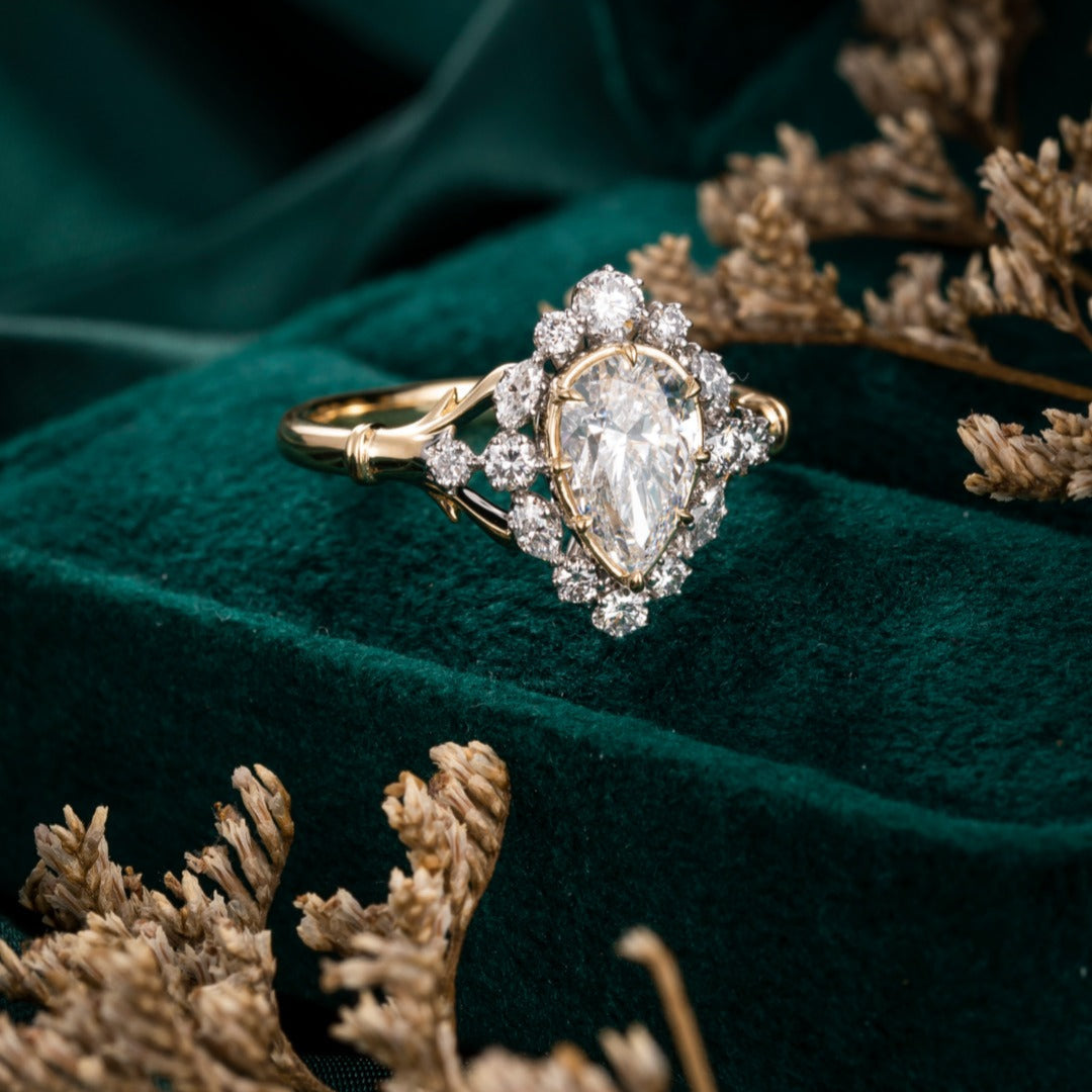 1 ct Vintage Pear Halo Lab Grown Diamond Ring in 14k White Gold