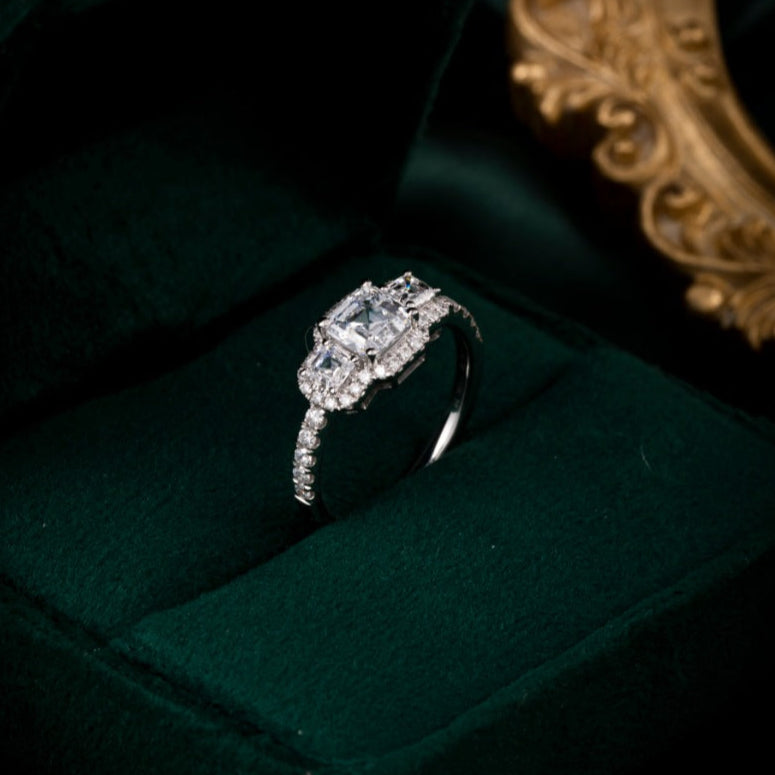 1ct Three stone Asscher cut Halo Lab Grown Diamond Engagement Ring in 14K White Gold