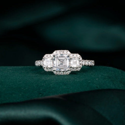 1ct Three stone Asscher cut Halo Lab Grown Diamond Engagement Ring in 14K White Gold