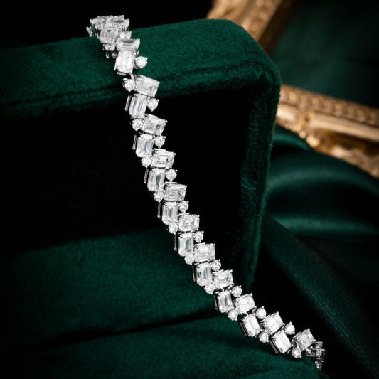 6.74 ct.tw Emerald and round cluster Lab Grown Diamond Tennis Bracelet 6-7.5 Inch in 14k White Gold