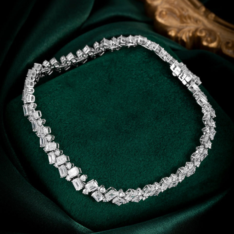 6.74 ct.tw Emerald and round cluster Lab Grown Diamond Tennis Bracelet 6-7.5 Inch in 14k White Gold