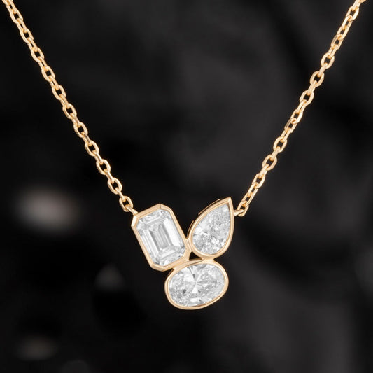 0.7ctw Bezel Cluster Fancy Shape Lab Grown Diamond Necklace 16-18 Inch in 14k Yellow Gold