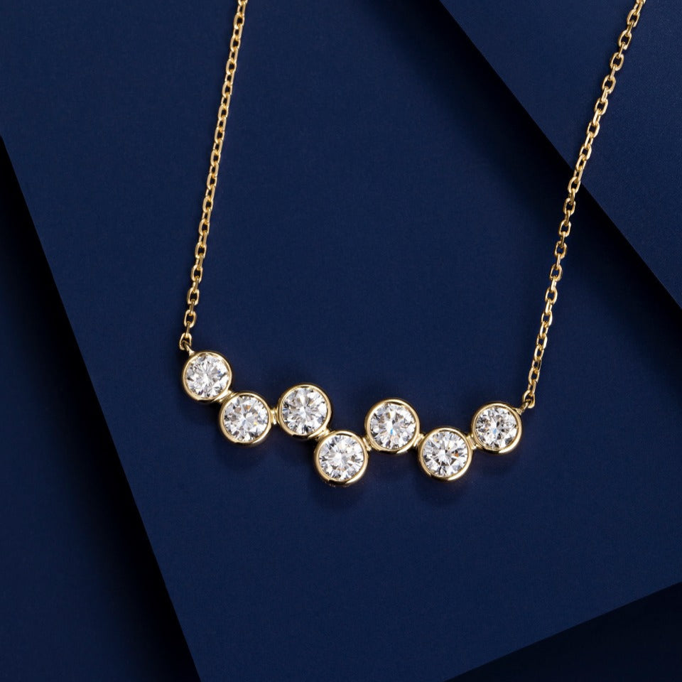 Lucky 7 stone Bubble dance Lab Grown Diamond Bar Necklace in 14K Yellow Gold