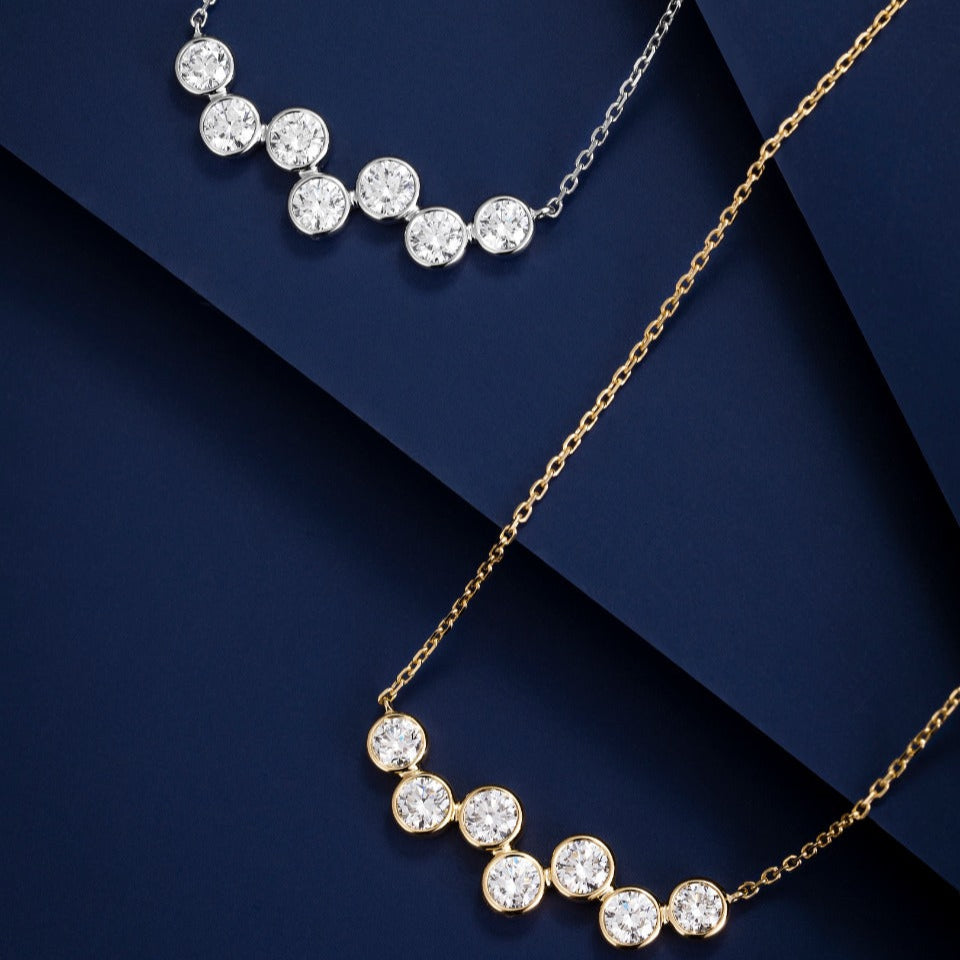 Lucky 7 stone Bubble dance Lab Grown Diamond Bar Necklace in 14K Gold