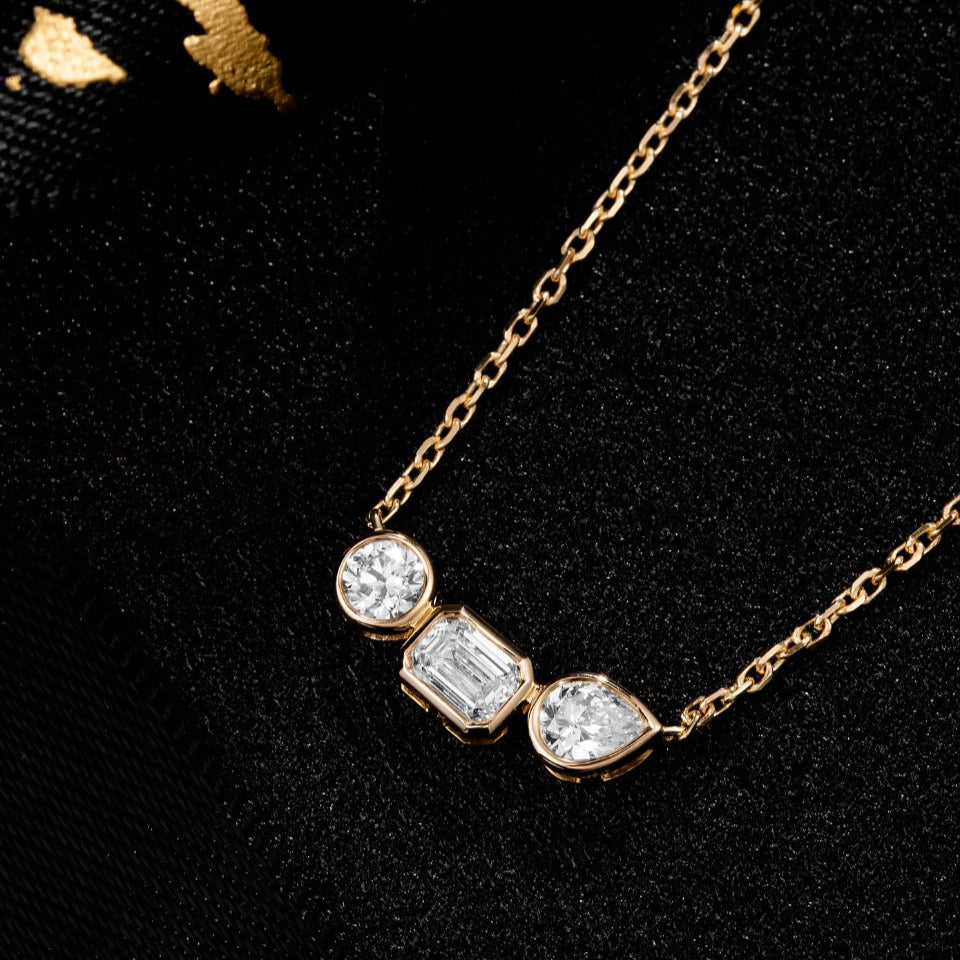 0.469ctw 3 stones fancy Lab Grown Diamond Necklace 16-18 Inch in 14k Yellow Gold