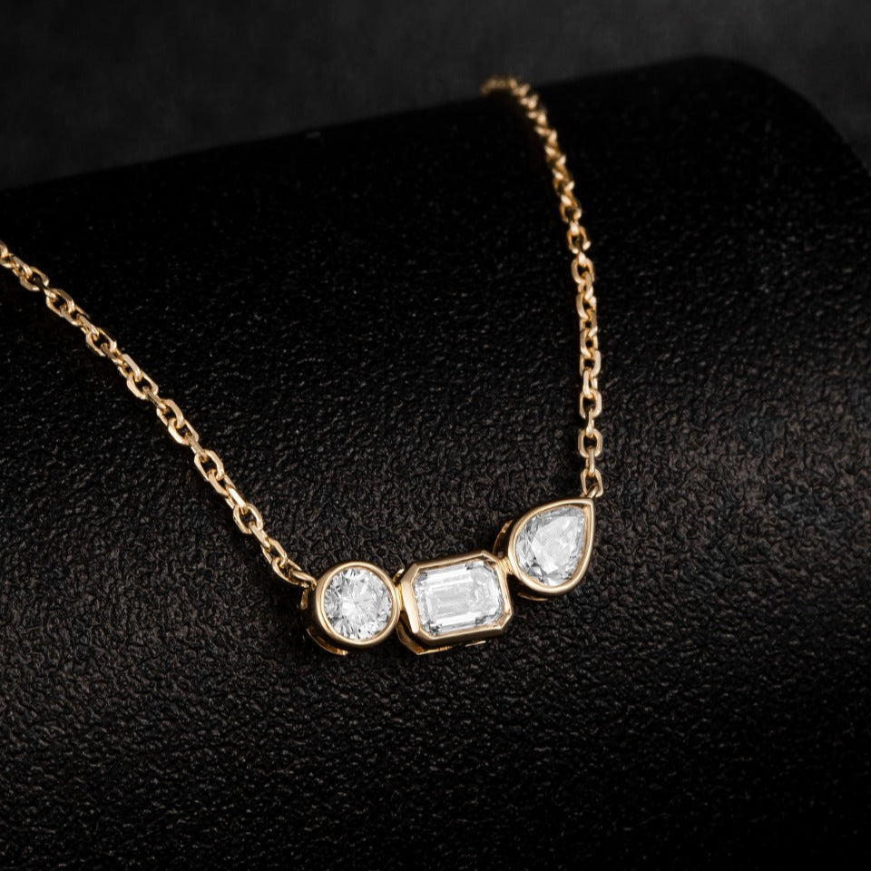 3 stones fancy Lab Grown Diamond Necklace 16-18 Inch in 14k Yellow Gold