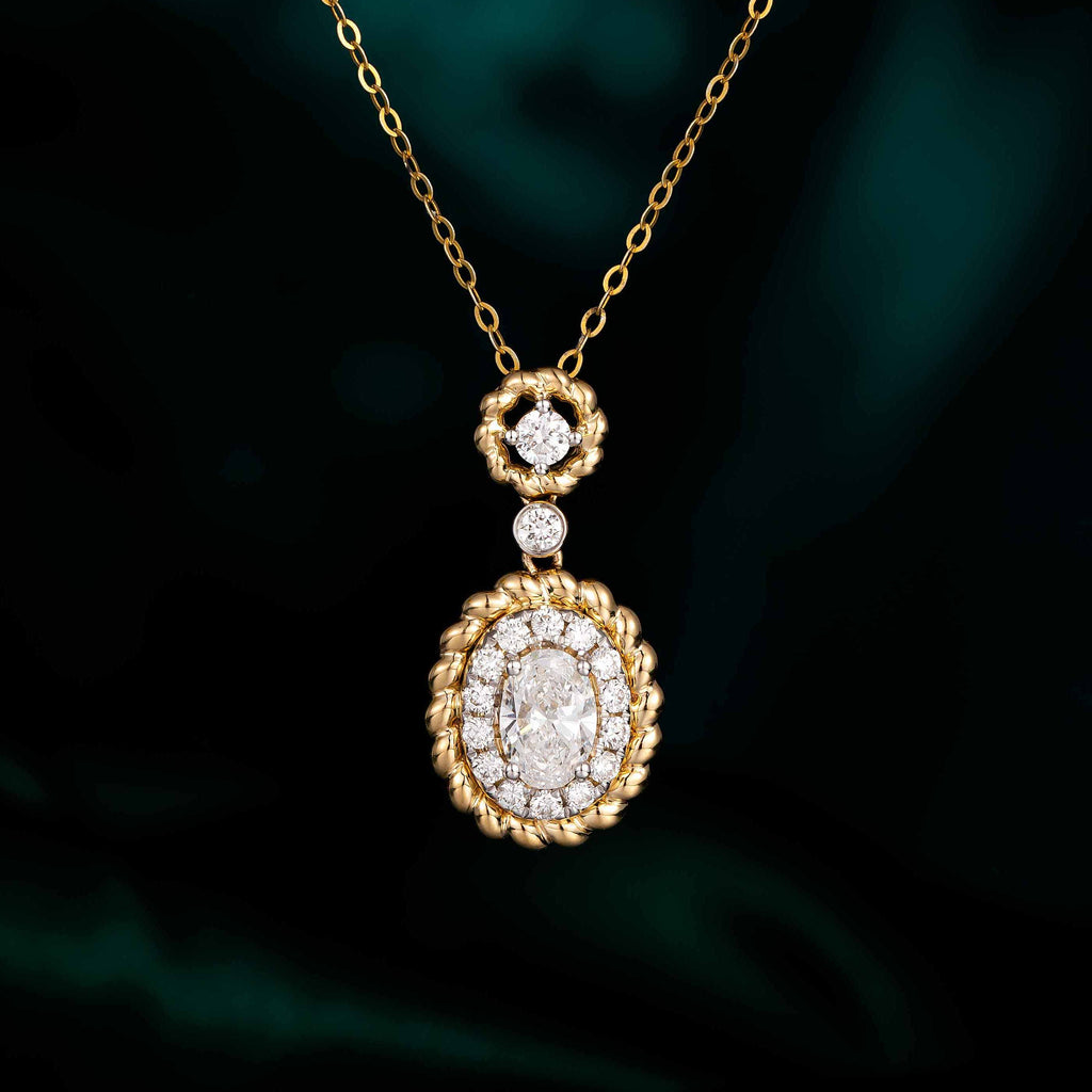 4/5 ctw Vintage Oval Halo Lab Grown Diamond Pendant in 14k Yellow Gold