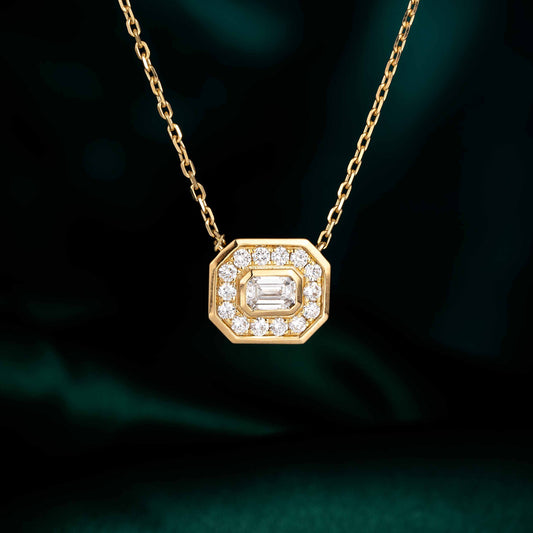 Bezel Emerald Halo Lab Grown Diamond Necklace 16-18 Inch in 14k Yellow Gold